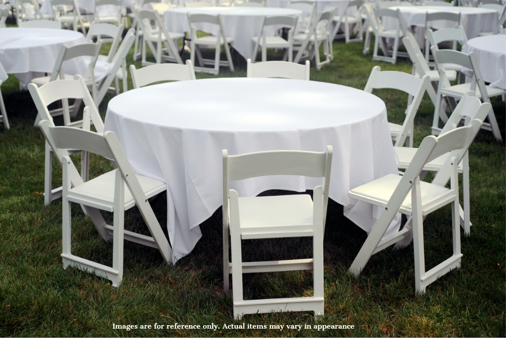 60-inch round tables with white resin padded chairs and white tablecloths set up for an outdoor event on grass in Peoria AZ 60-inch round tables with white resin padded chairs and white tablecloths set up for an outdoor event on grass in Peoria AZ