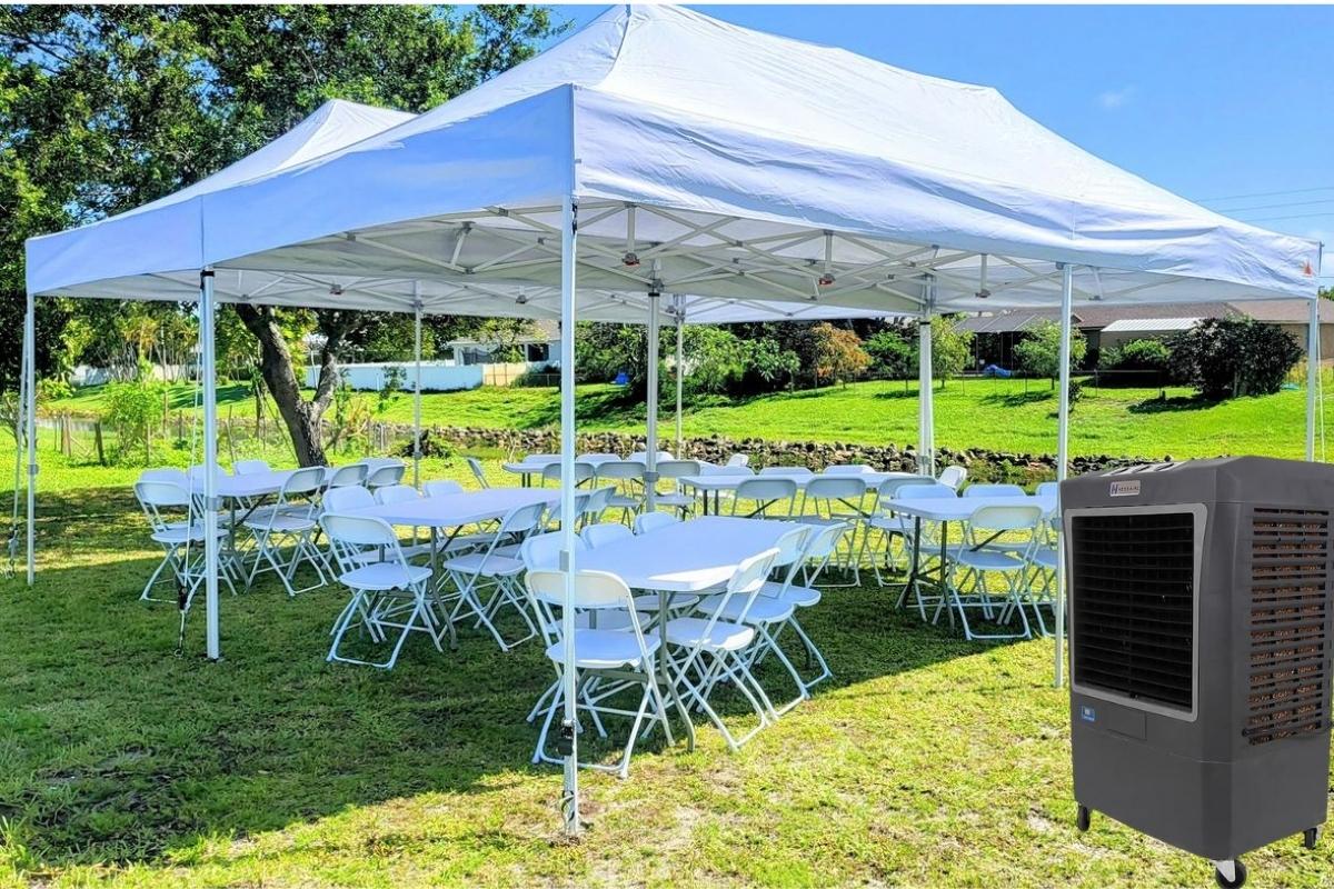 Backyard event setup in Phoenix AZ with 2 white 10x20 canopy tents, 6 rectangular tables, 36 white folding chairs, and a portable evaporative cooler for outdoor cooling.