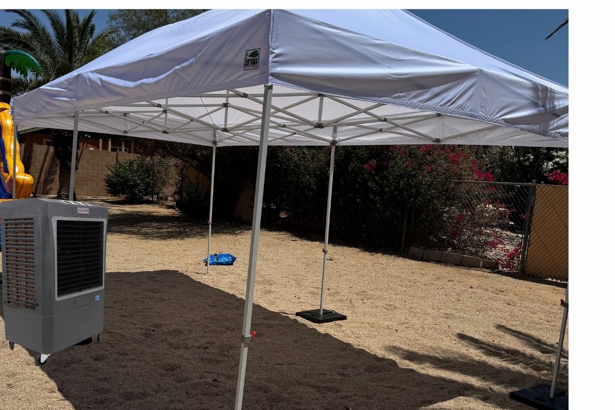 10x20 Eurmax canopy rental in Phoenix backyard with portable swamp cooler setup for outdoor summer event. 10x20 Eurmax canopy rental in Phoenix backyard with portable swamp cooler setup for outdoor summer event.