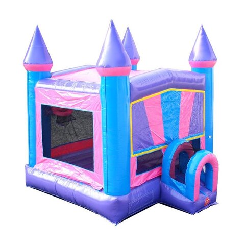 purple bounce house with colorful design, magical fun for parties