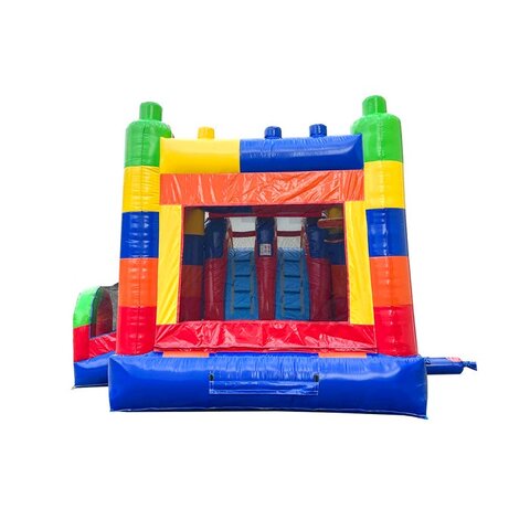 Dual-lane Building Block bounce house rental set up in Raleigh, NC