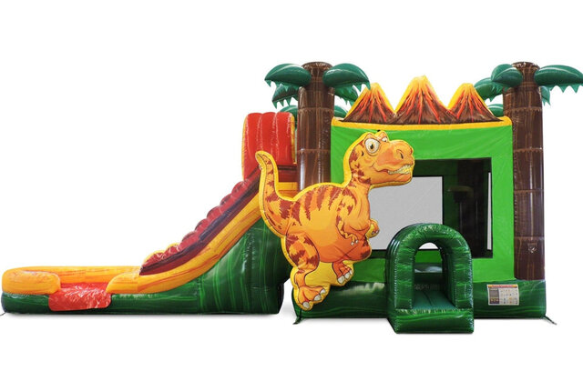 Dinosaur Dual Lane Wet Combo bounce house with splash zone in Youngsville, NC