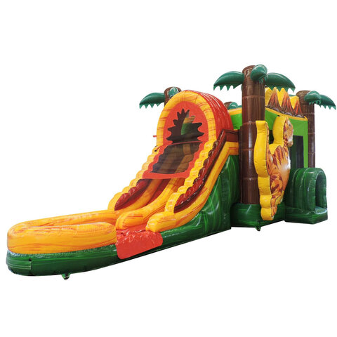Dry dinosaur-themed combo bounce house with double slides in Bunn, NC