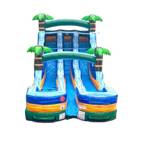 Green tropical dual-lane inflatable water slide in Bunn, NC
