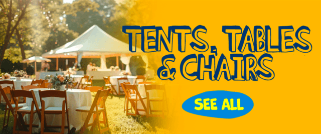 Tent Rental event setup featuring a white high-peak party tent, round tables, and folding chairs. Click to view all tent, table, and chair rentals.