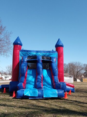 Red & Blue Bounce House With Double Lane Dry Slide