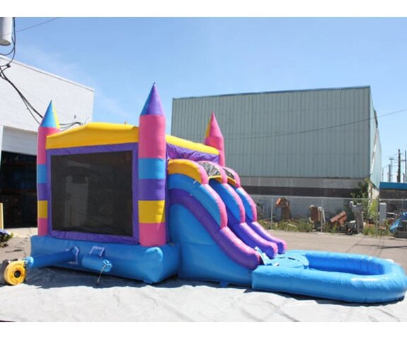 Pink & Purple Bounce House With Double Lane Waterslide