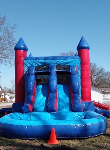 Red & Blue Bounce House With Double Lane Waterslide