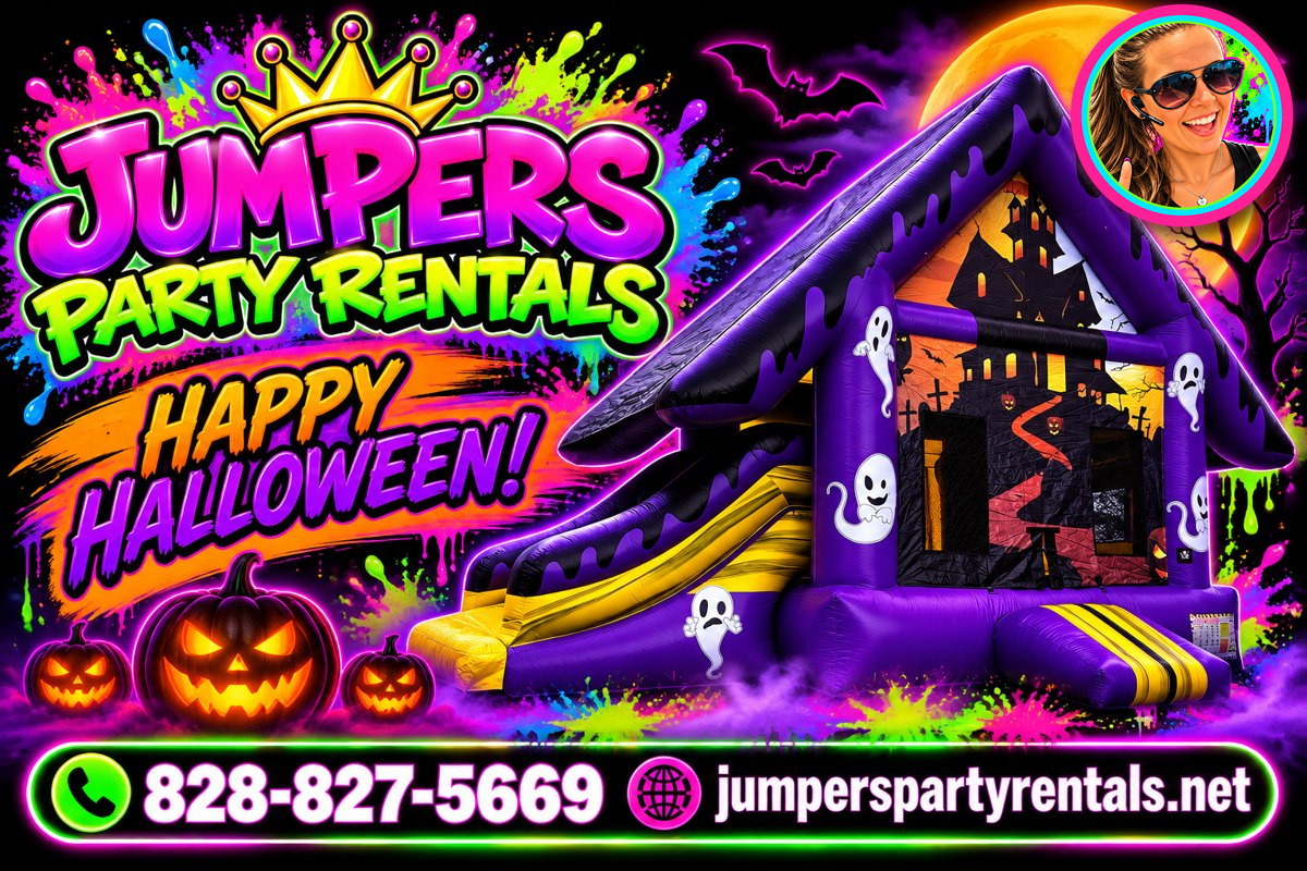 Neon Halloween creative with a purple haunted house bounce and slide combo and jack-o-lanterns