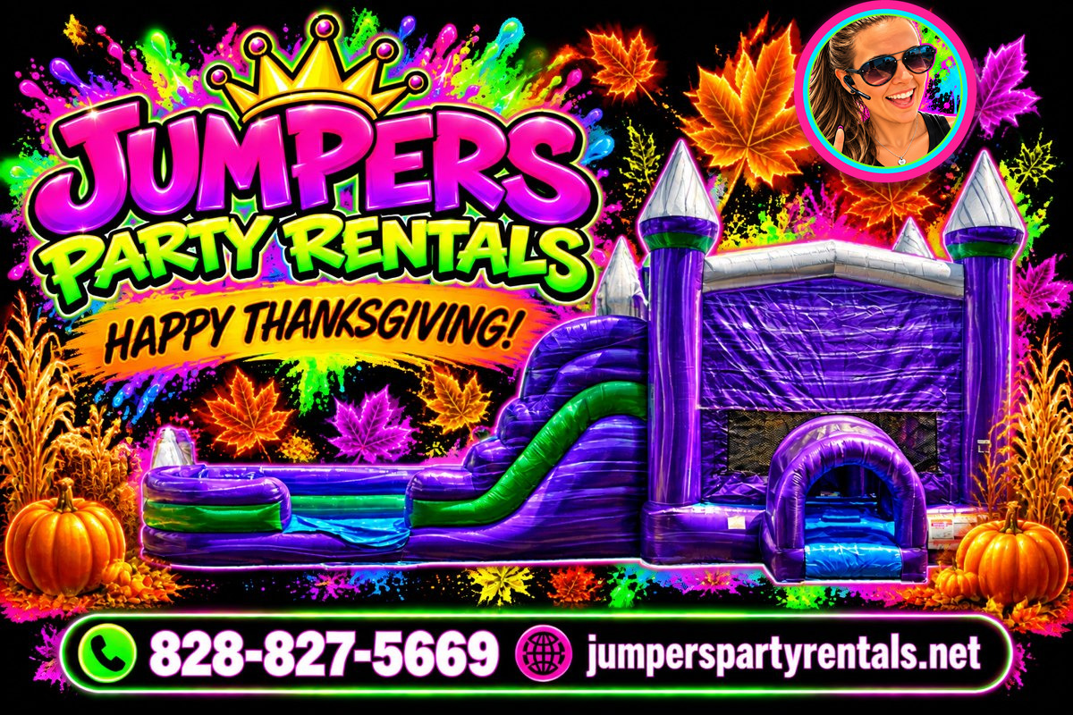 Neon Thanksgiving creative with a purple castle bounce and slide combo, pumpkins and fall leaves