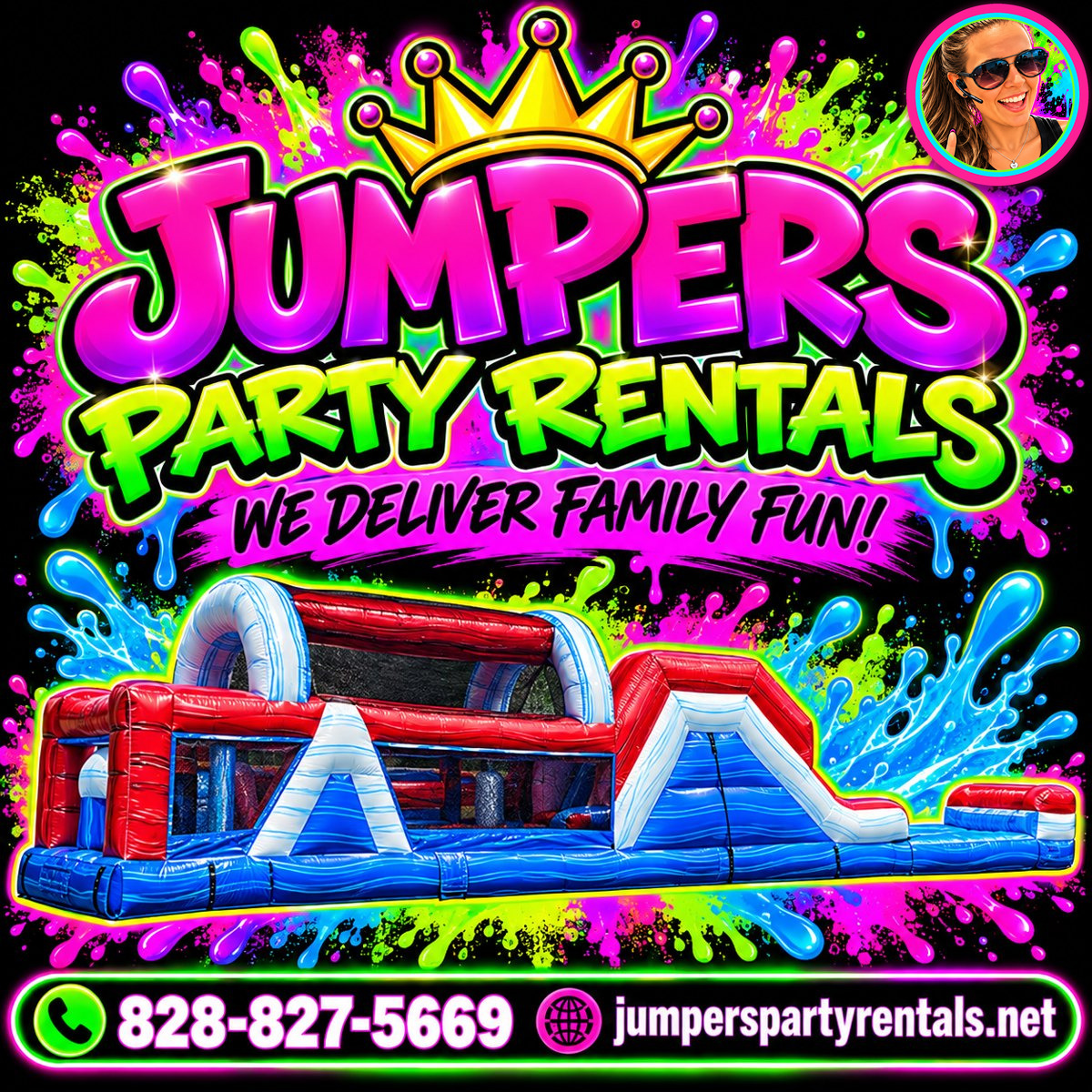 Jumpers Party Rentals neon creative with a red, white and blue obstacle course: We Deliver Family Fun