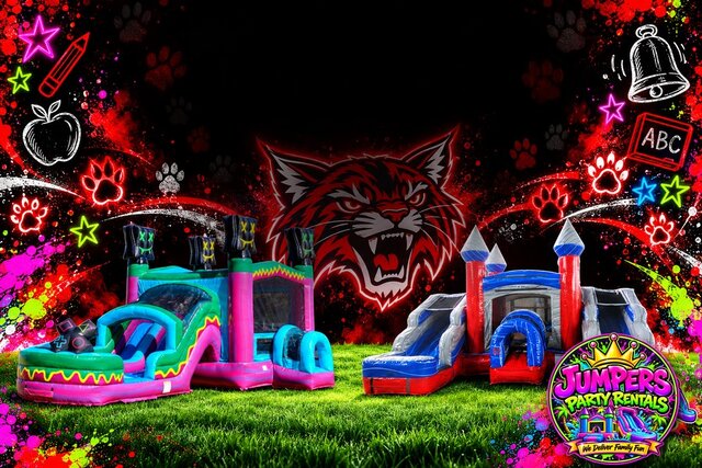 Andrews Elementary Wildcats fundraiser with a red wildcat and two bounce house combos