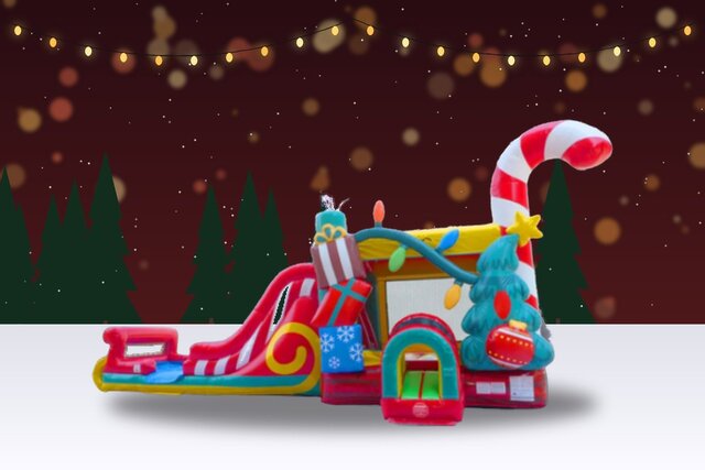 Christmas Wonderland mega combo inflatable set against warm holiday lights