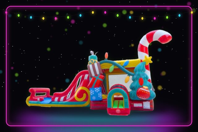 Christmas Wonderland mega combo bounce house and slide, the holiday inflatable we rent alongside our trackless train