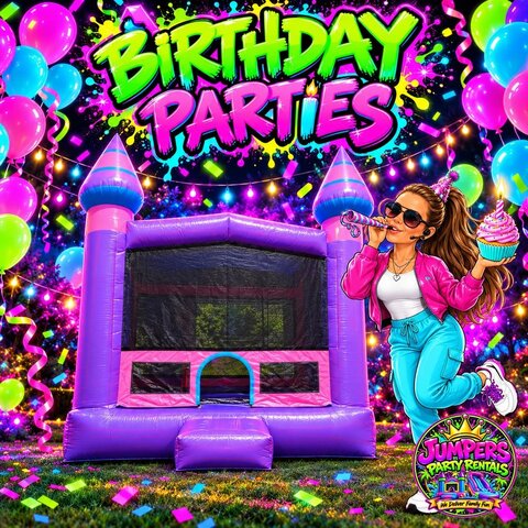 Tonya celebrating a birthday party beside a pink and purple bounce house