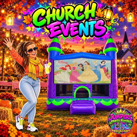Tonya beside a purple palace bounce house at a church event