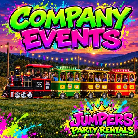 The Mountain Majestic Express trackless train with brown, green and red cars at a company event