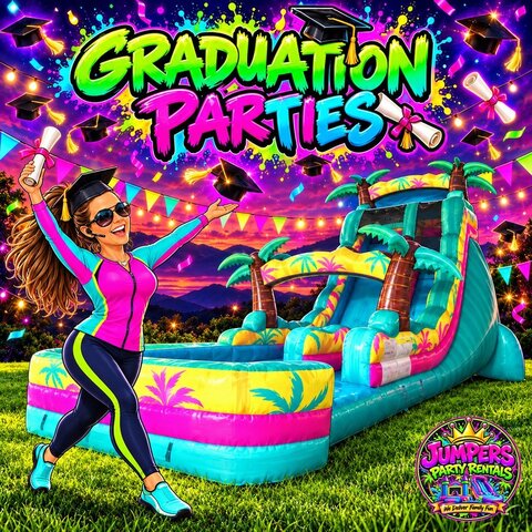 Tonya celebrating graduation beside a tropical beach vibes waterslide