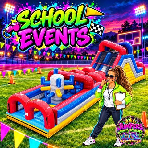 Tonya with a colorful 40-foot obstacle course at a school event