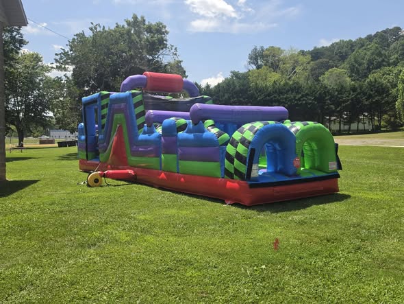 Multicolor obstacle course set up on a school field