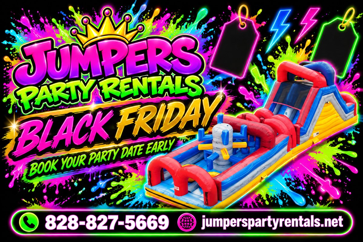Neon Black Friday creative with a red, blue and yellow obstacle course: book your party date early
