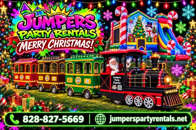 Neon Christmas creative with Santa driving the Mountain Majestic Express trackless train, with brown, green and red cars, beside the Christmas Wonderland Mega Combo