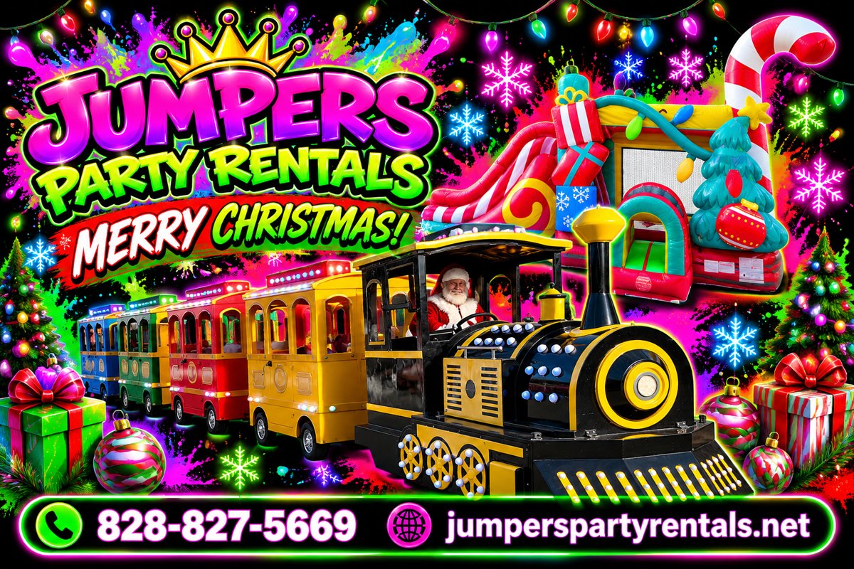 Neon Christmas creative with the black and yellow trackless train and the Christmas Wonderland Mega Combo