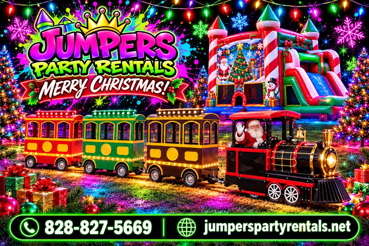 Neon Christmas creative with Santa driving the Mountain Majestic Express trackless train, with brown, green and red cars, beside the Christmas Wonderland Mega Combo