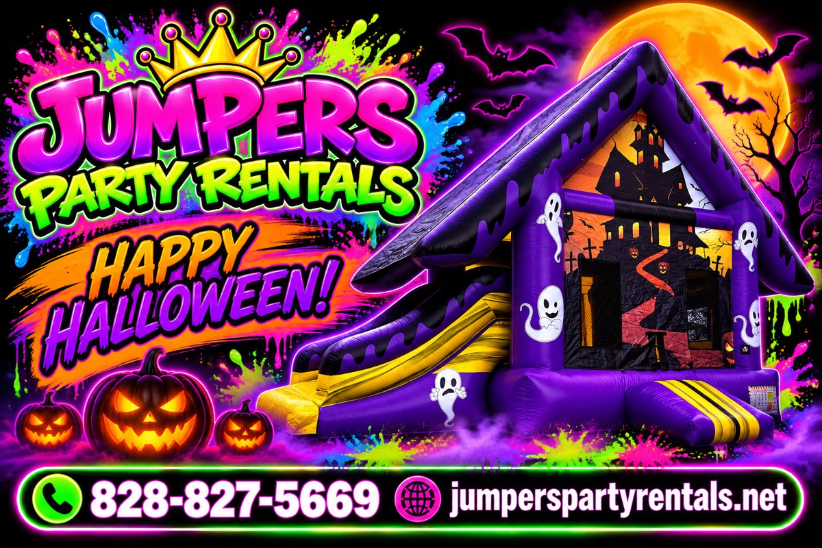 Neon Halloween creative with a purple haunted house bounce and slide combo and jack-o-lanterns