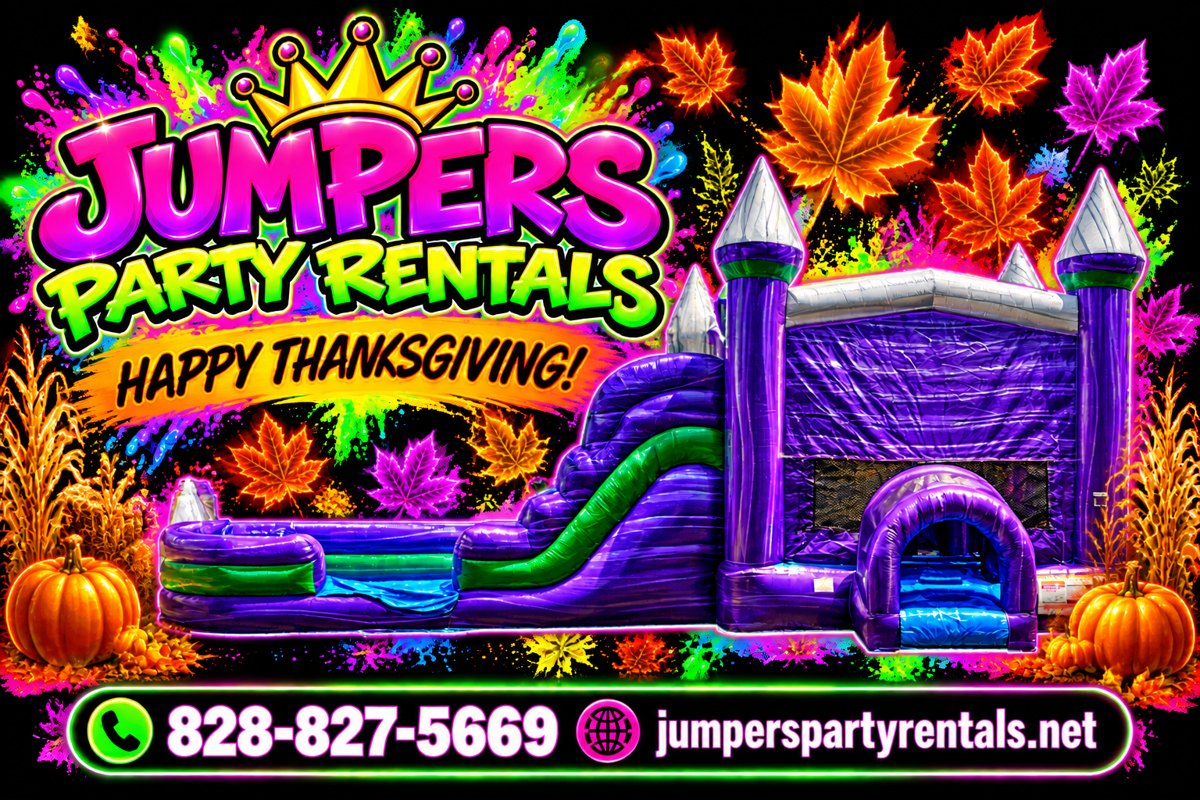 Neon Thanksgiving creative with a purple castle bounce and slide combo, pumpkins and fall leaves