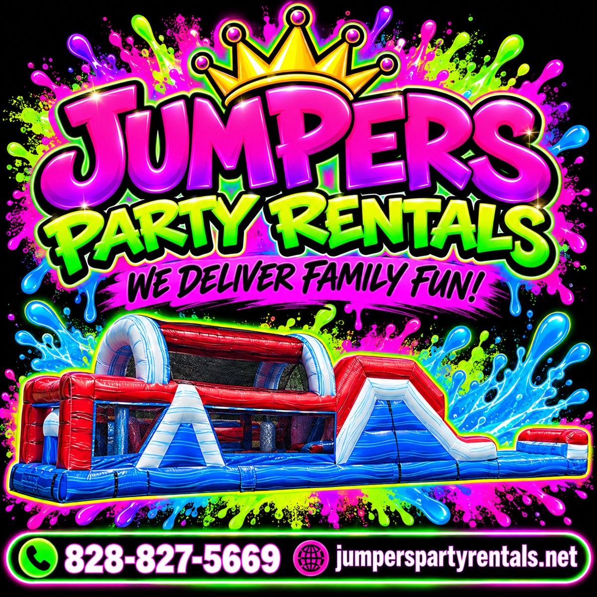 Jumpers Party Rentals neon creative with a red, white and blue obstacle course: We Deliver Family Fun