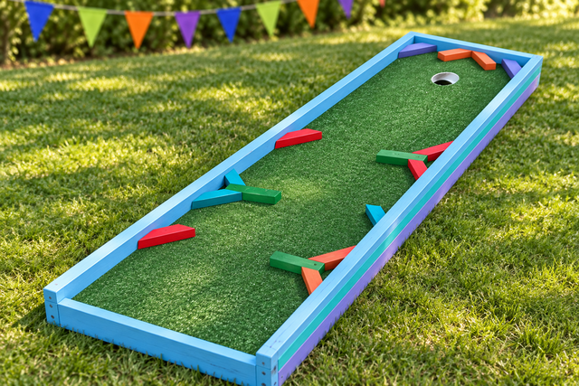 Jumpers portable mini golf lane with colorful obstacles, digitally staged on a lawn