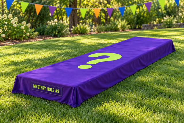 Mystery hole number nine concealed under a purple cover with a lime question mark