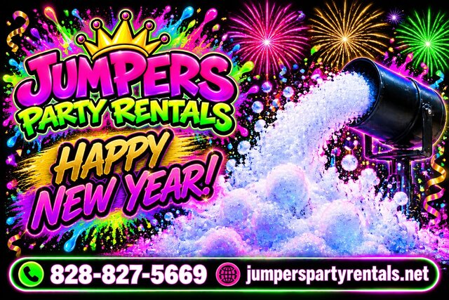 Foam cannon party with a Happy New Year banner, for New Year's celebrations in Andrews, NC