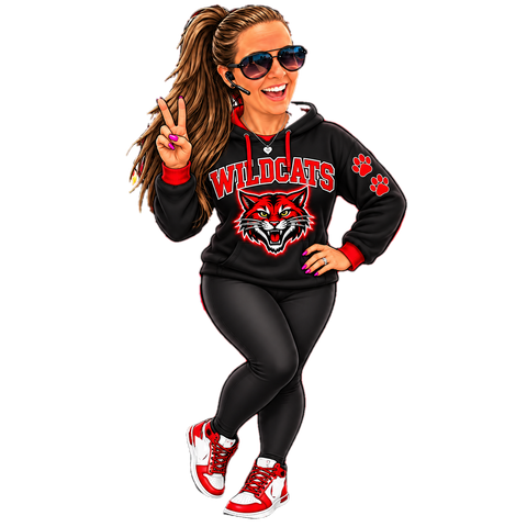 Tonya in her red and black Andrews Wildcats hoodie, full body