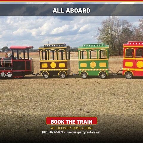 Jumpers trackless train ready for a Christmas event in Western NC