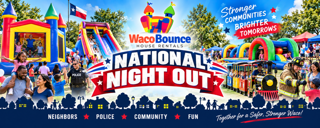 National Night Out block party entertainment setup in Waco Texas — bounce houses, obstacle courses, and carnival games from Waco Bounce House Rentals
