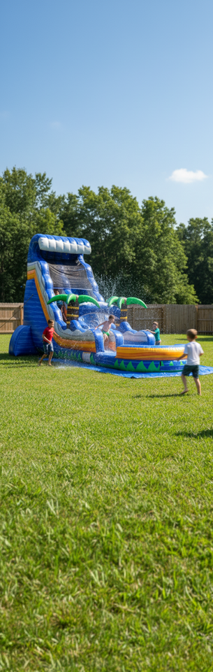 Blue and green inflatable water slide from Tuskany Events in a yard.