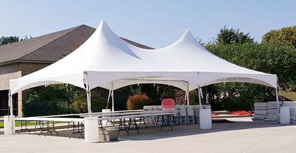 005 Tent 20 x 40 High Peak Frame with 8 tables & 80 chairs, set up grass or concrete