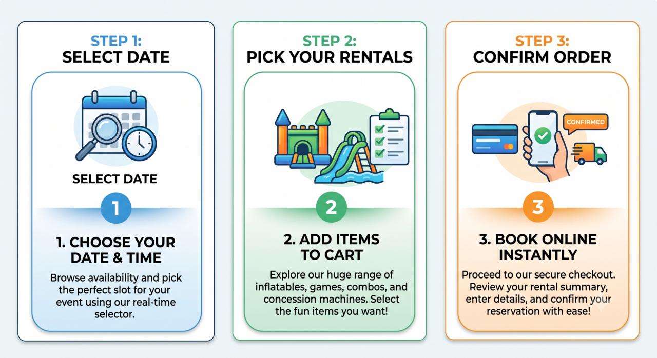 Simple 3-step online booking process for Jumping Hearts Party Rentals.