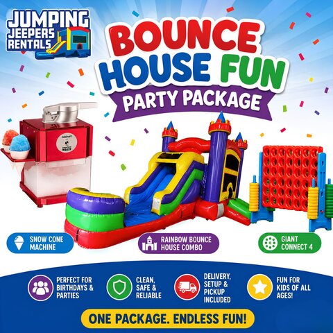 Bounce House Fun Party Package - Modern Rainbow, Connect 4, Snow Cone Machine - Medium