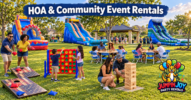 HOA and community event rental setup with bounce houses and water slides in Travis County