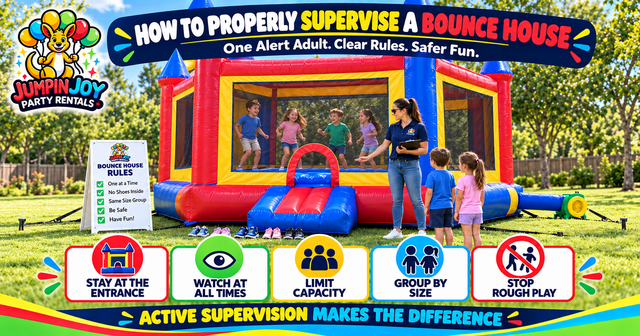 Parent supervising children at a Jumpin Joy Party Rentals bounce house