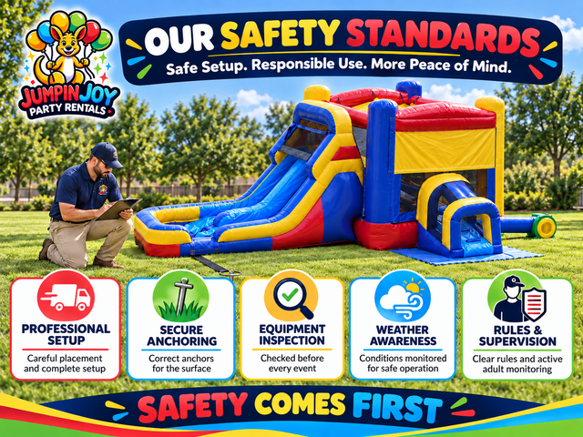 Jumpin Joy Party Rentals crew anchoring an inflatable rental before a Pflugerville delivery