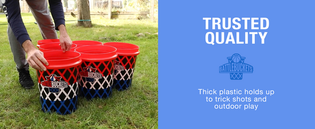 BasketPong rental setup with 12 buckets and mini basketballs on a backyard lawn in Salt Lake City