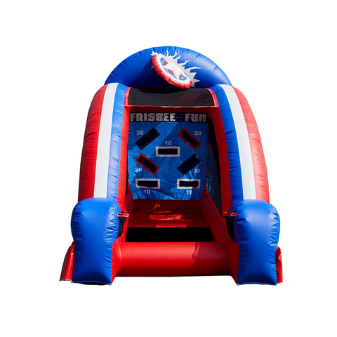 red white and blue image of an inflatable frisbee game for promotional use.