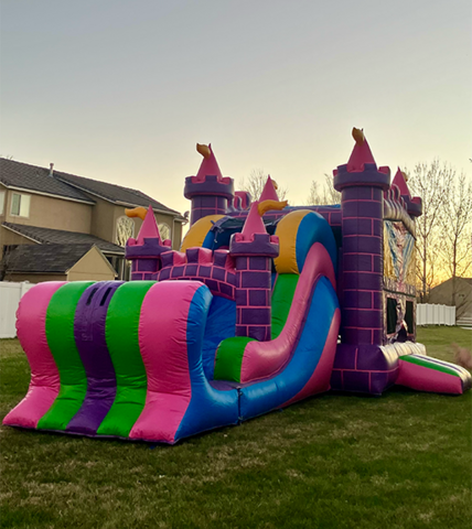 Princess bounce house with a slide set up in a backyard at sunset