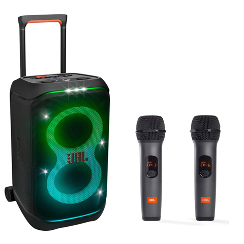 A black bluetooth speaker with colorful speakers and two black microphones.