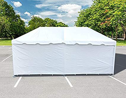 A white tent with a white sidewall on the back showing options for how to enclose the tent or provide more protection.