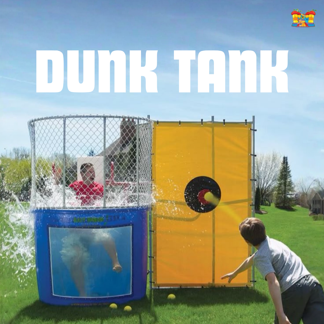 Blue and Yellow Dunk tank set up in a parking lot